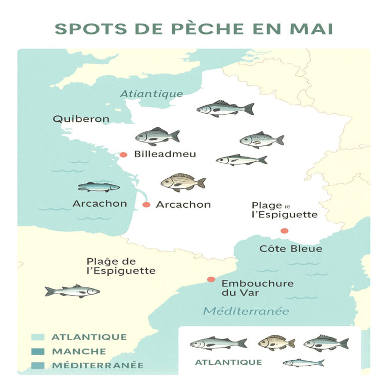 Carte des meilleurs spots de pêche en mer en mai sur les côtes françaises