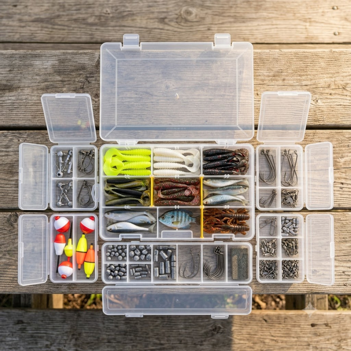 Boîte d'accessoires de pêche : hameçons, plombs, flotteurs et leurres