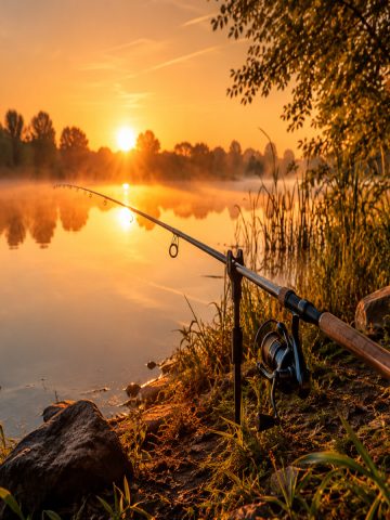 Canne à pêche posée au bord d'un lac calme au lever du soleil pour débuter la pêchepng