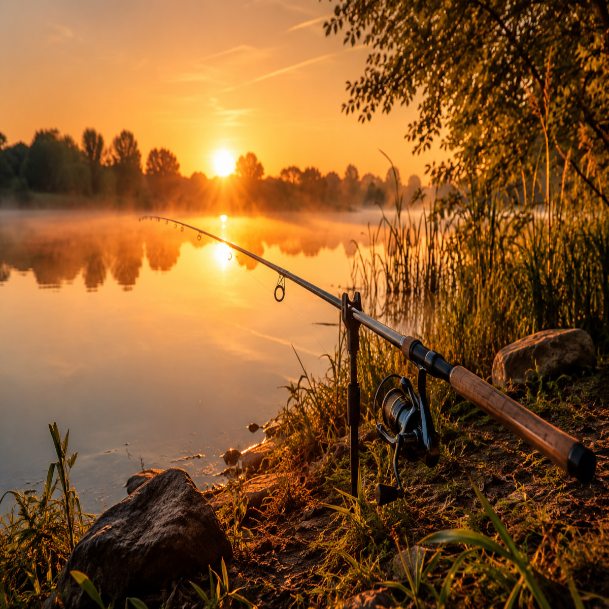 Canne à pêche posée au bord d'un lac calme au lever du soleil pour débuter la pêchepng