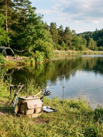 Canne à pêche posée au bord d'un lac en vacances l'été