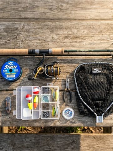 Matériel complet pour débuter la pêche : canne, moulinet, fil et accessoires