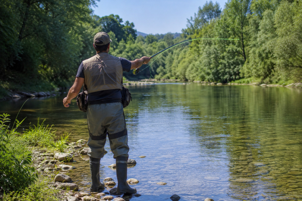 Pêcheur débutant lançant sa ligne dans une rivière calme