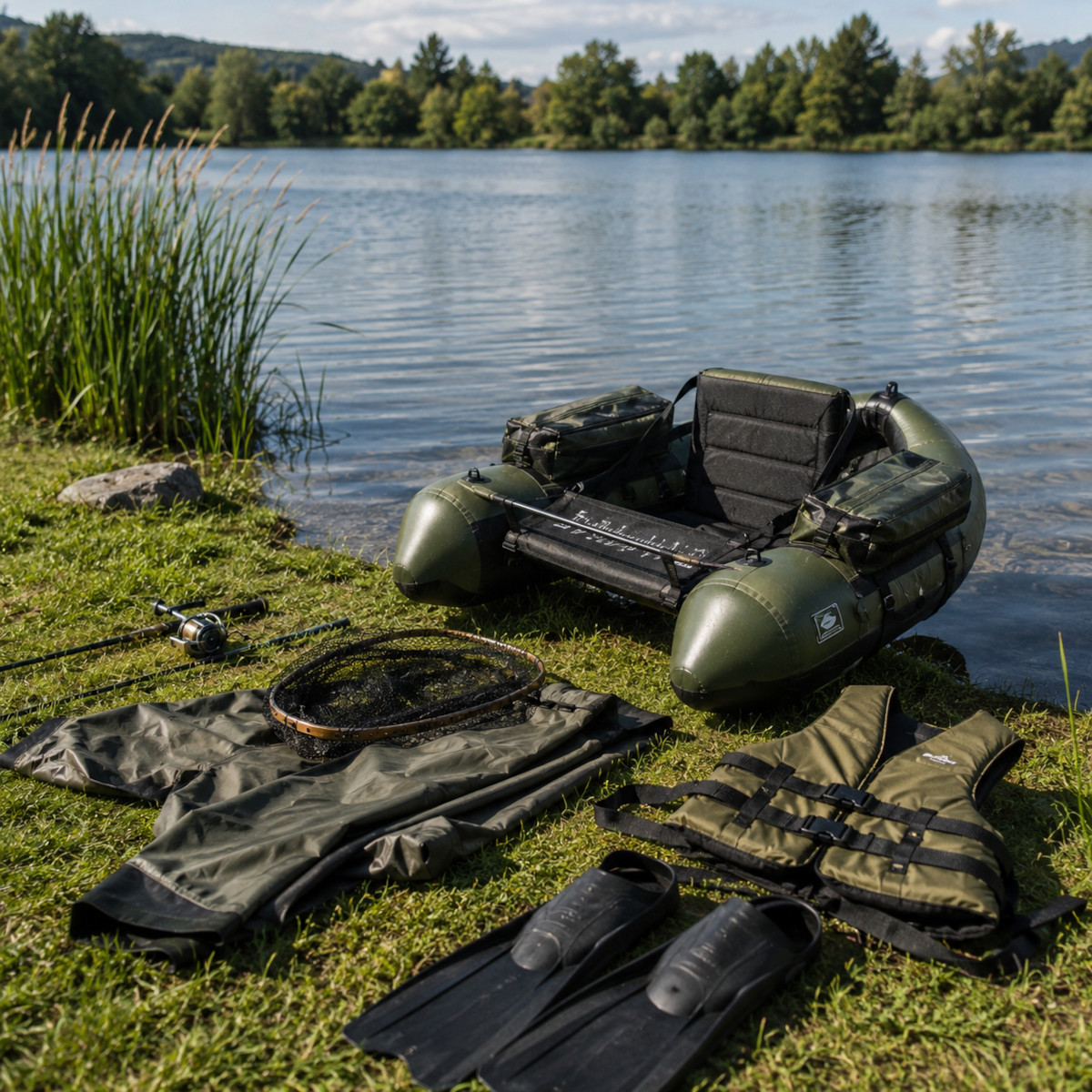 Float tube en U avec waders, palmes et gilet de sauvetagepng