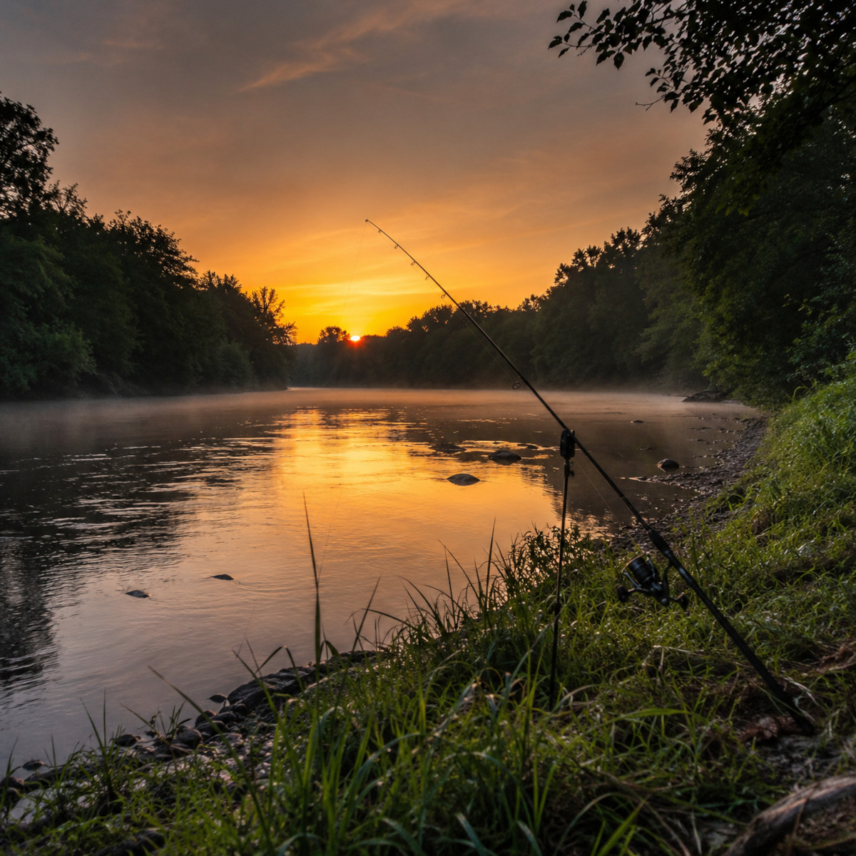 Rivière au lever du soleil, début des horaires de pêche autorisés
