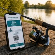 Carte de pêche 2026 sur smartphone à côté d'une canne à pêche