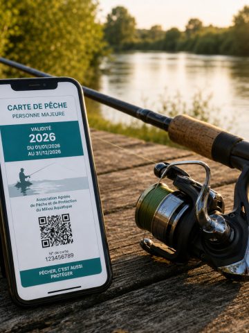 Carte de pêche 2026 sur smartphone à côté d'une canne à pêche