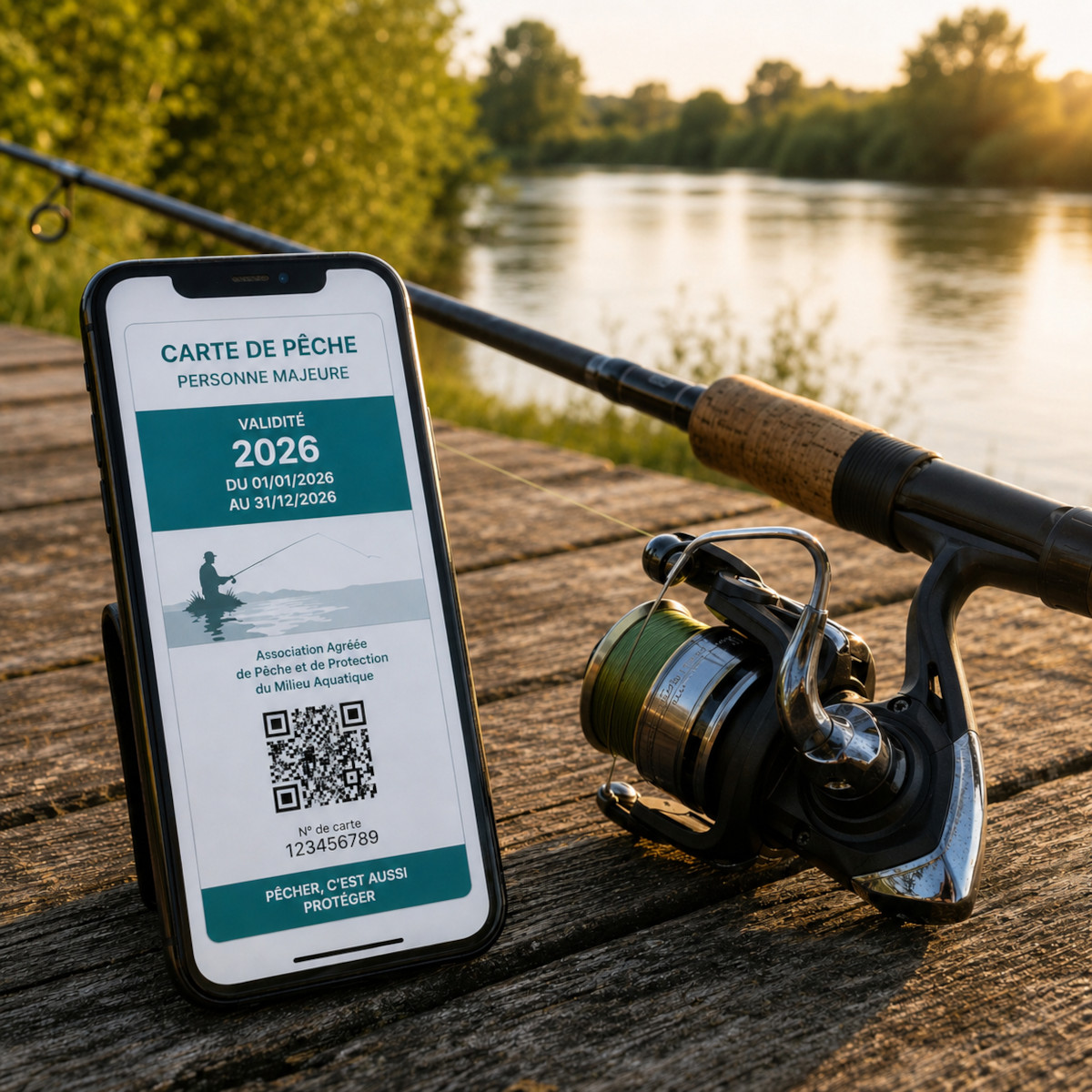 Carte de pêche 2026 sur smartphone à côté d'une canne à pêche