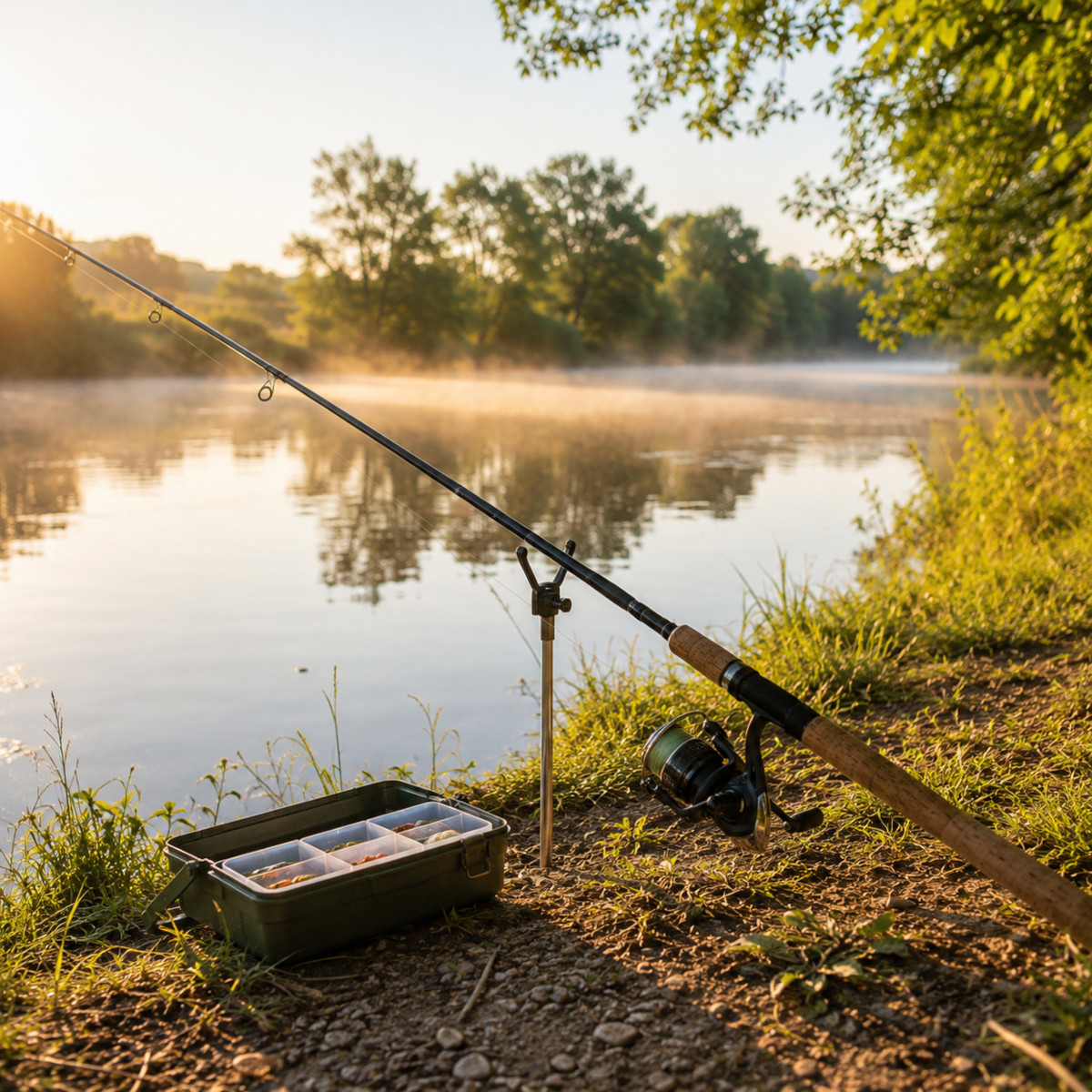 Pêcheur en règle au bord d'une rivière avec sa carte de pêche