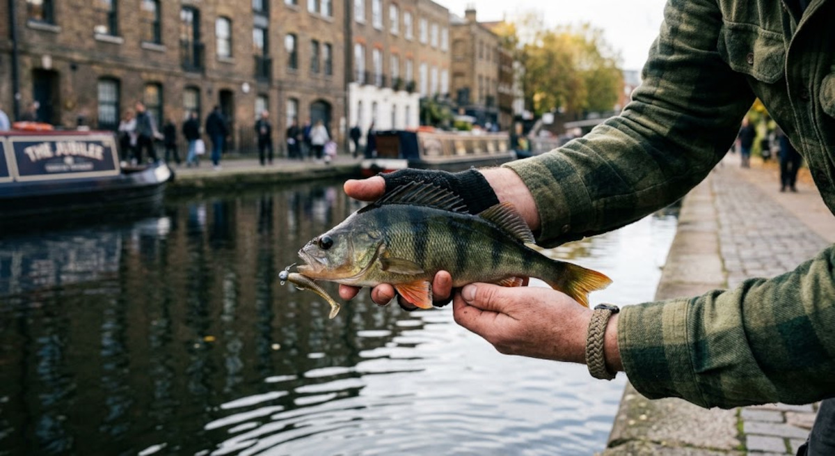 Perche prise en street fishing au bord d'un canal urbain