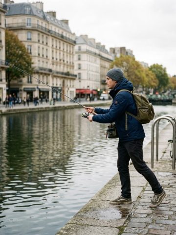 Street fishing le long d'un canal urbain pour débuter