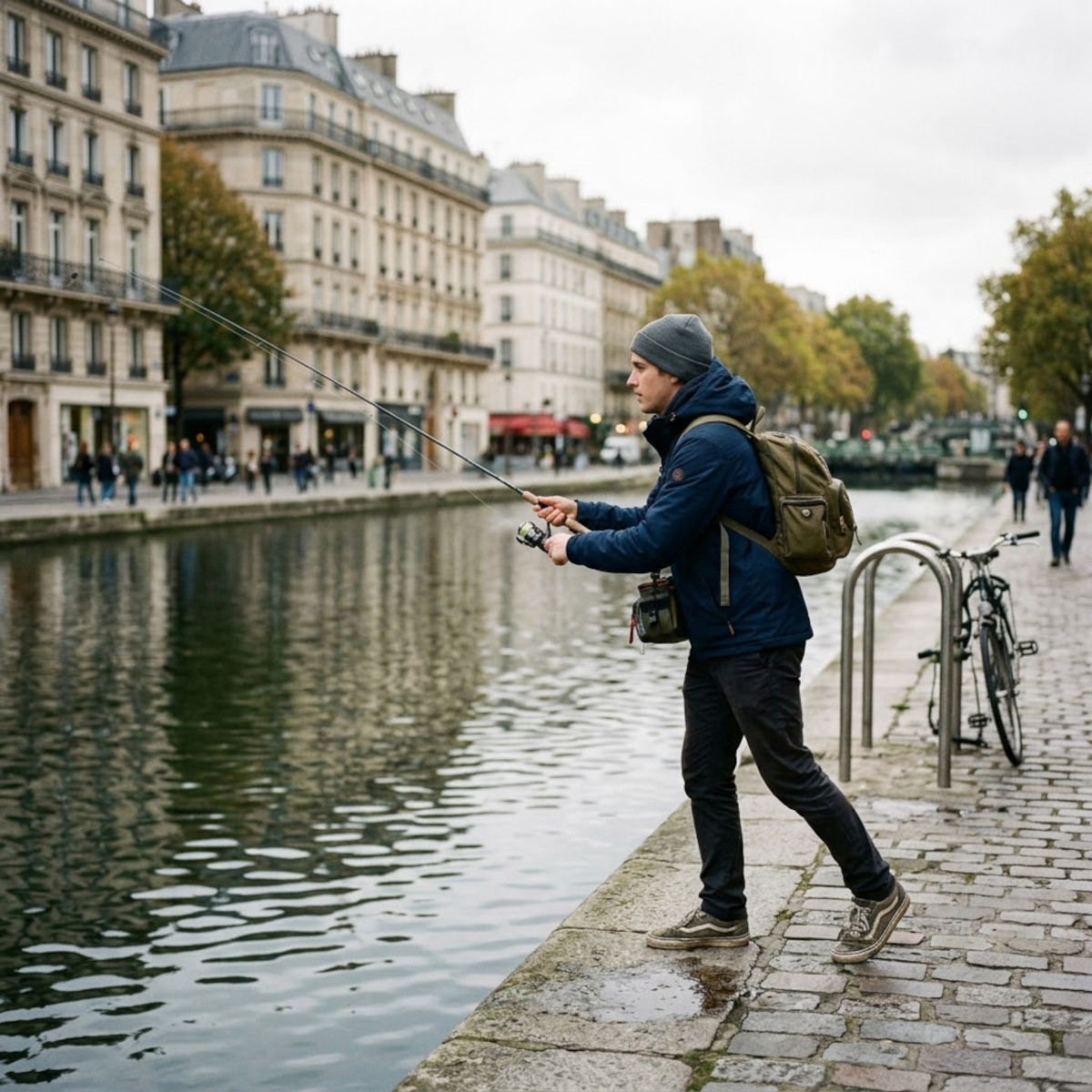 Street fishing le long d'un canal urbain pour débuter